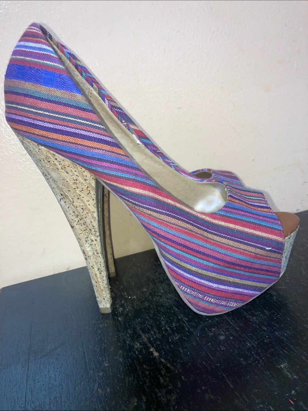 Just Fabulous Purple Multi-Striped Peep-Toe Platform Heels